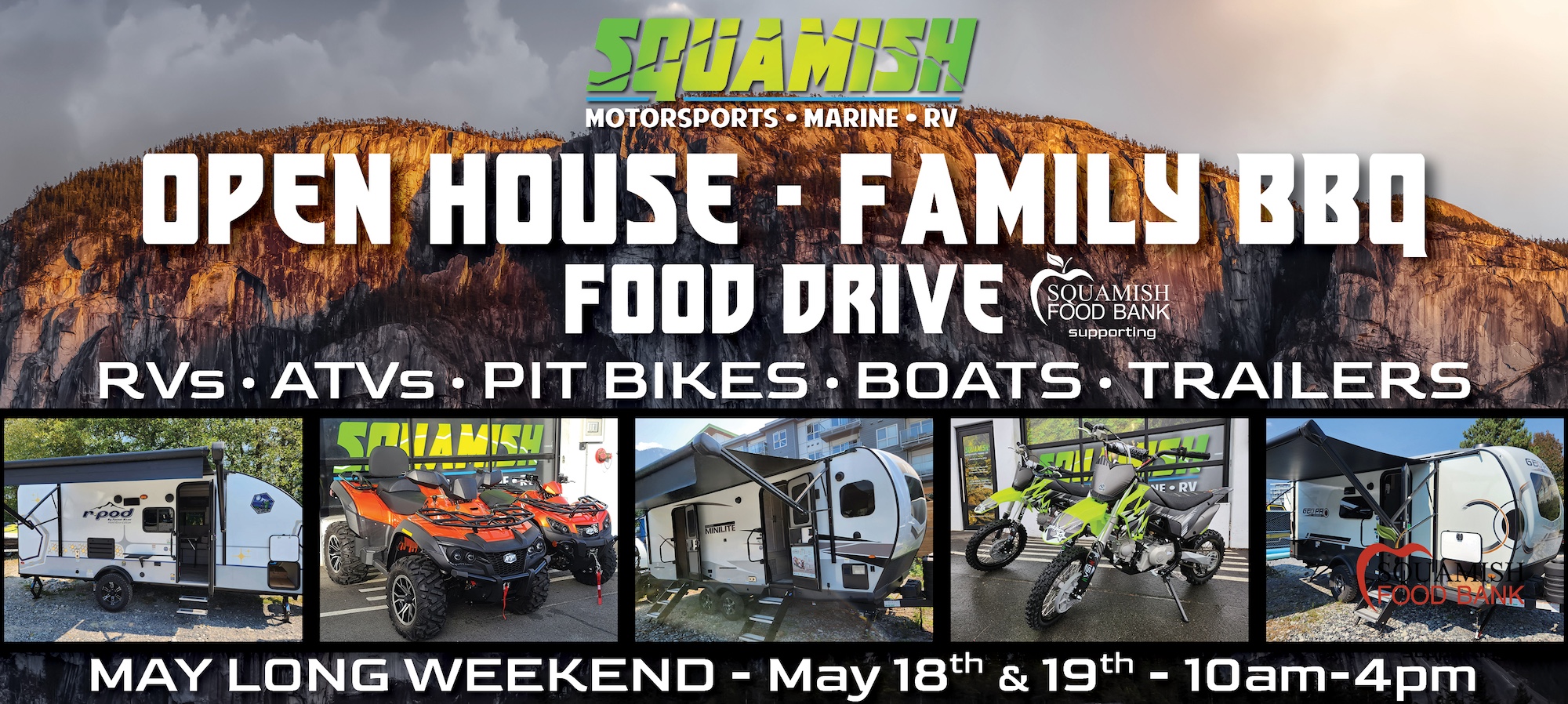 Spring Open House - BBQ - Food Drive at Squamish Motorsports. An RV, ATV, Pit Bike, Boat Showcase