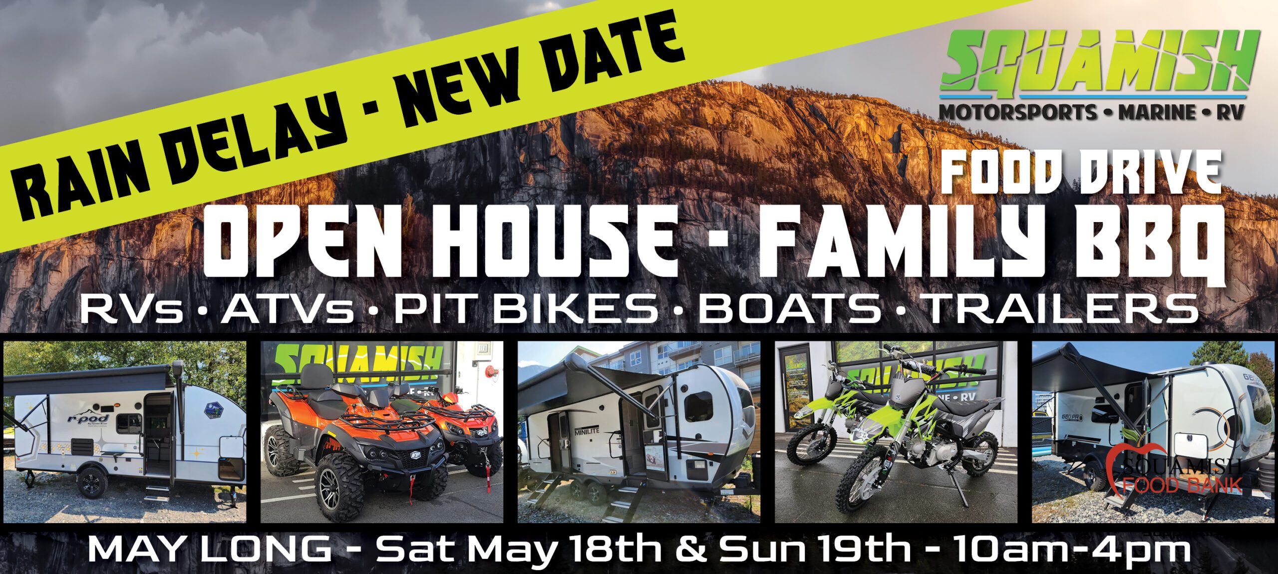 Spring Open House - BBQ - Food Drive at Squamish Motorsports. An RV, ATV, Dirt Bike, Boat Showcase