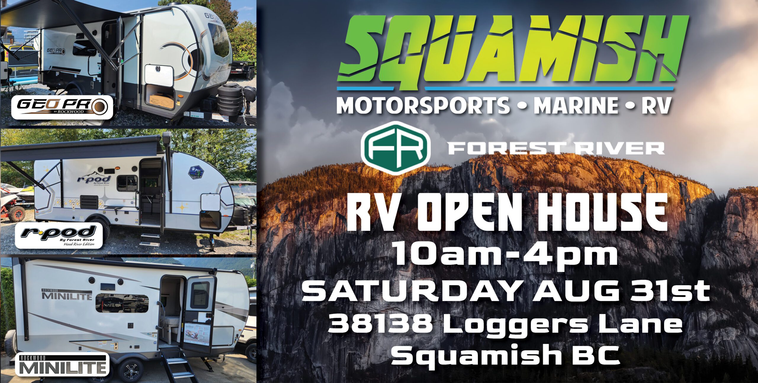 RV OPEN HOUSE & FOOD DRIVE at Squamish Motorsports RV Lot- Sat August 31st